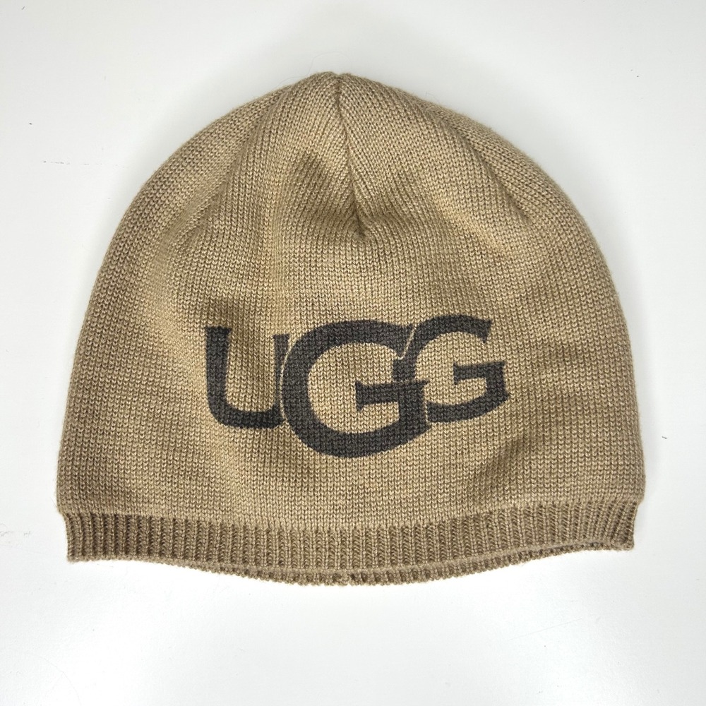 UGG Baby Beanie Hat Tan Brown‎ Logo Knit Cap One Size OS/TU